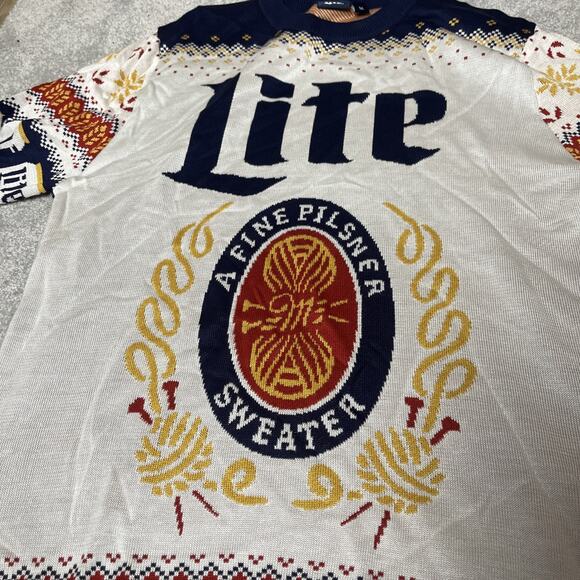 Miller Lite Sweater Mens Medium Fair Isle Geometric Christmas Drinking Beer - Picture 2 of 7